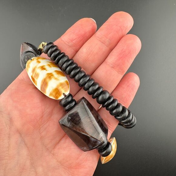 Vintage Handmade Chunky Seashell Coconut Shell Beads Necklace MOP 11" Black Tan - Picture 8 of 9